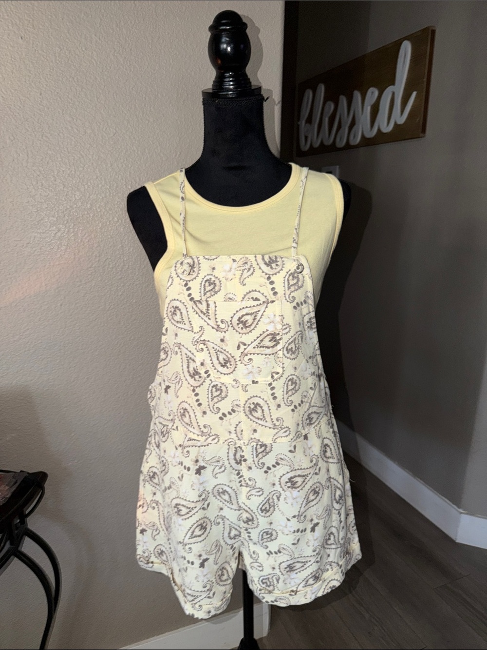 Cream Paisley Romper with Yellow Tank Top